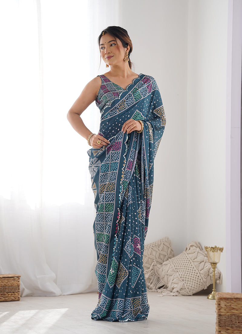 Monjolika Fashion Chinon Digital Print Classic Saree in Teal Blue