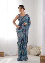 Thumbnail for Monjolika Fashion Chinon Digital Print Classic Saree in Teal Blue