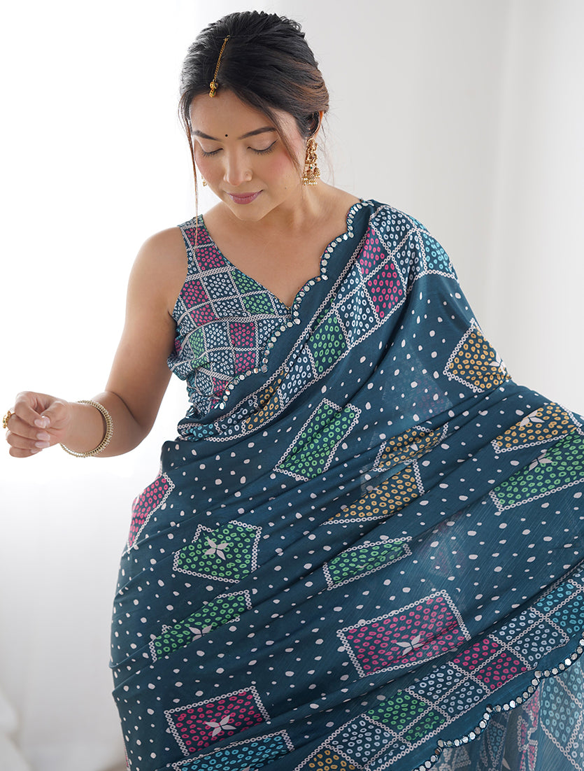 Monjolika Fashion Chinon Digital Print Classic Saree in Teal Blue