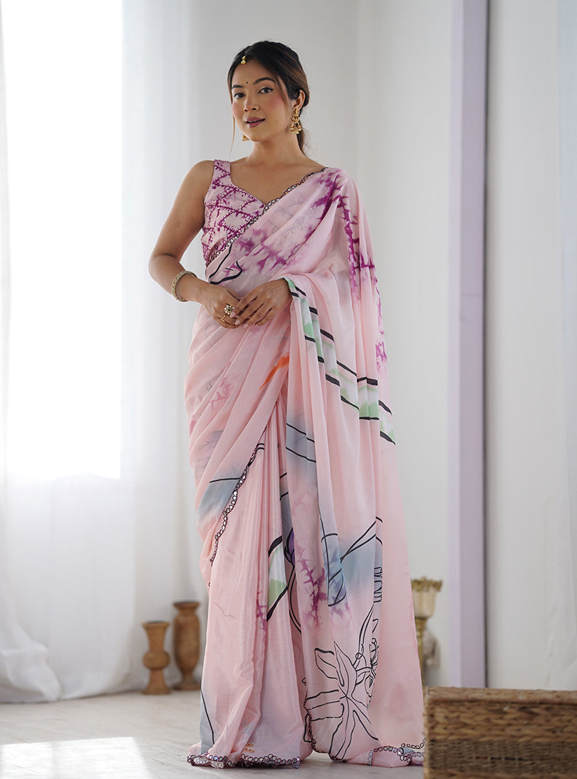 Monjolika Fashion Chinon Digital Print Classic Saree in Baby Pink