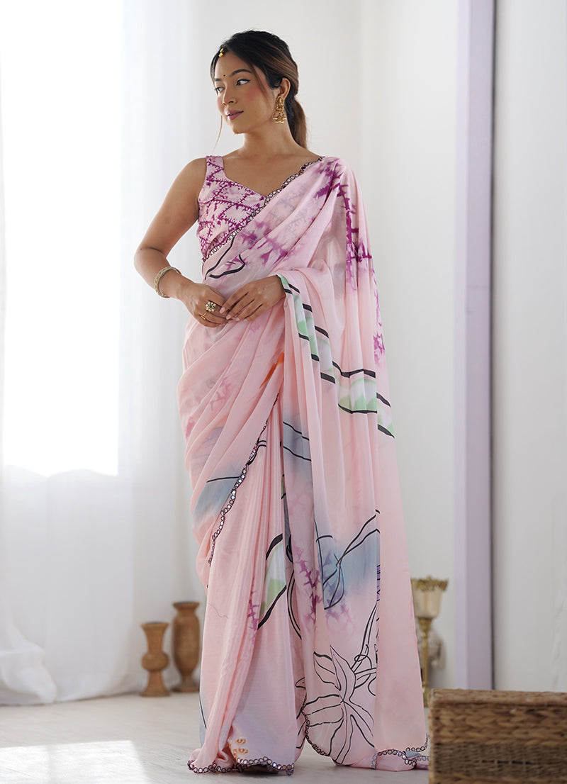 Monjolika Fashion Chinon Digital Print Classic Saree in Baby Pink