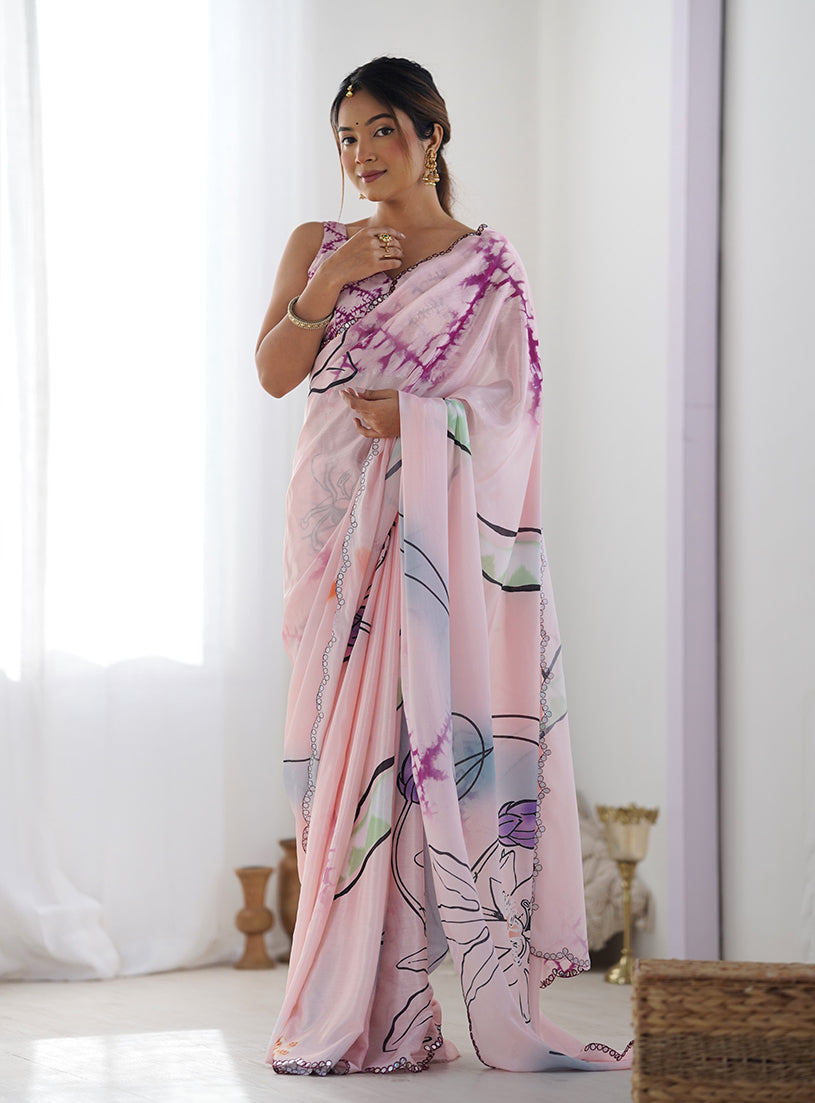 Monjolika Fashion Chinon Digital Print Classic Saree in Baby Pink