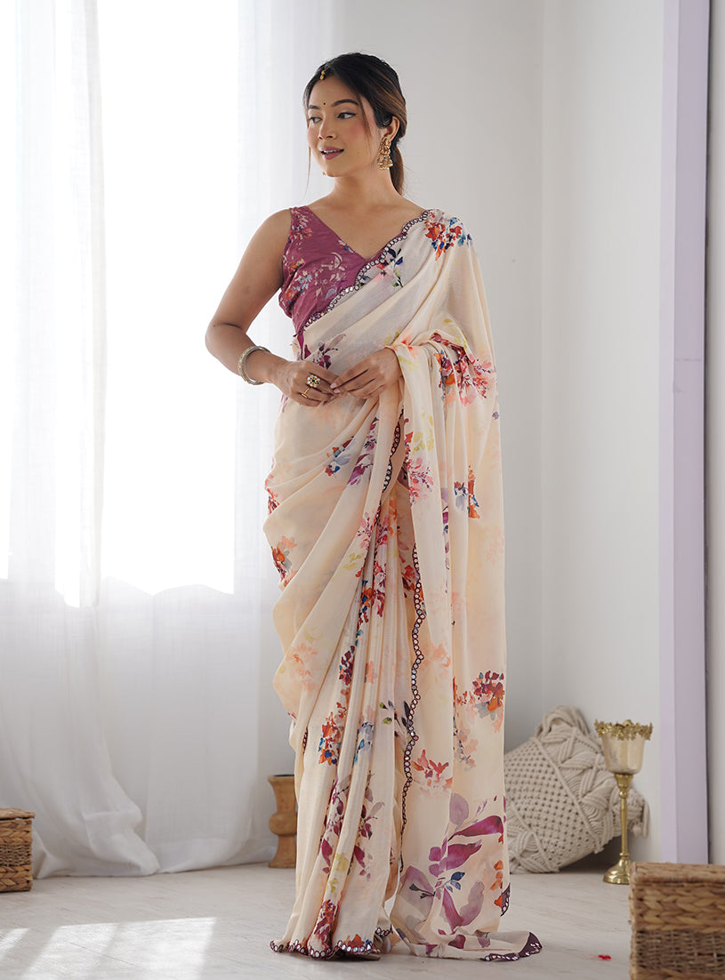 Monjolika Fashion Chinon Digital Print Classic Saree in Cream