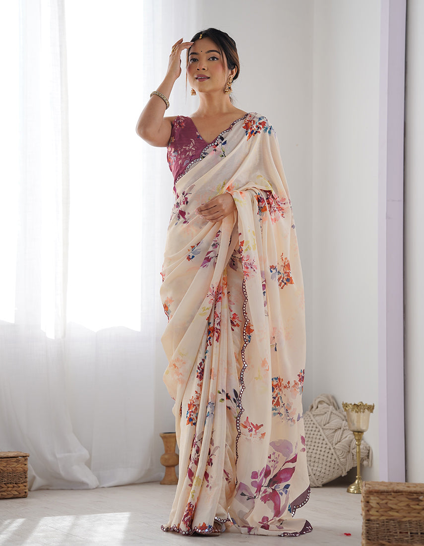Monjolika Fashion Chinon Digital Print Classic Saree in Cream