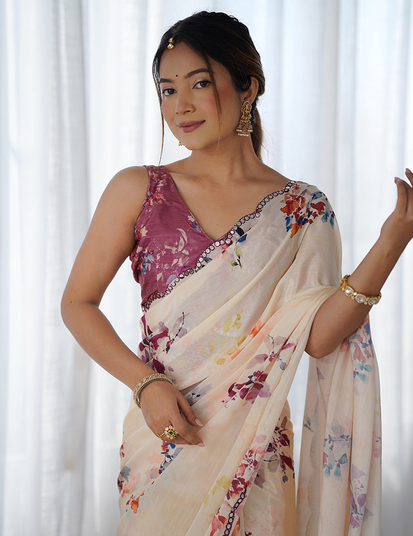Monjolika Fashion Chinon Digital Print Classic Saree in Cream
