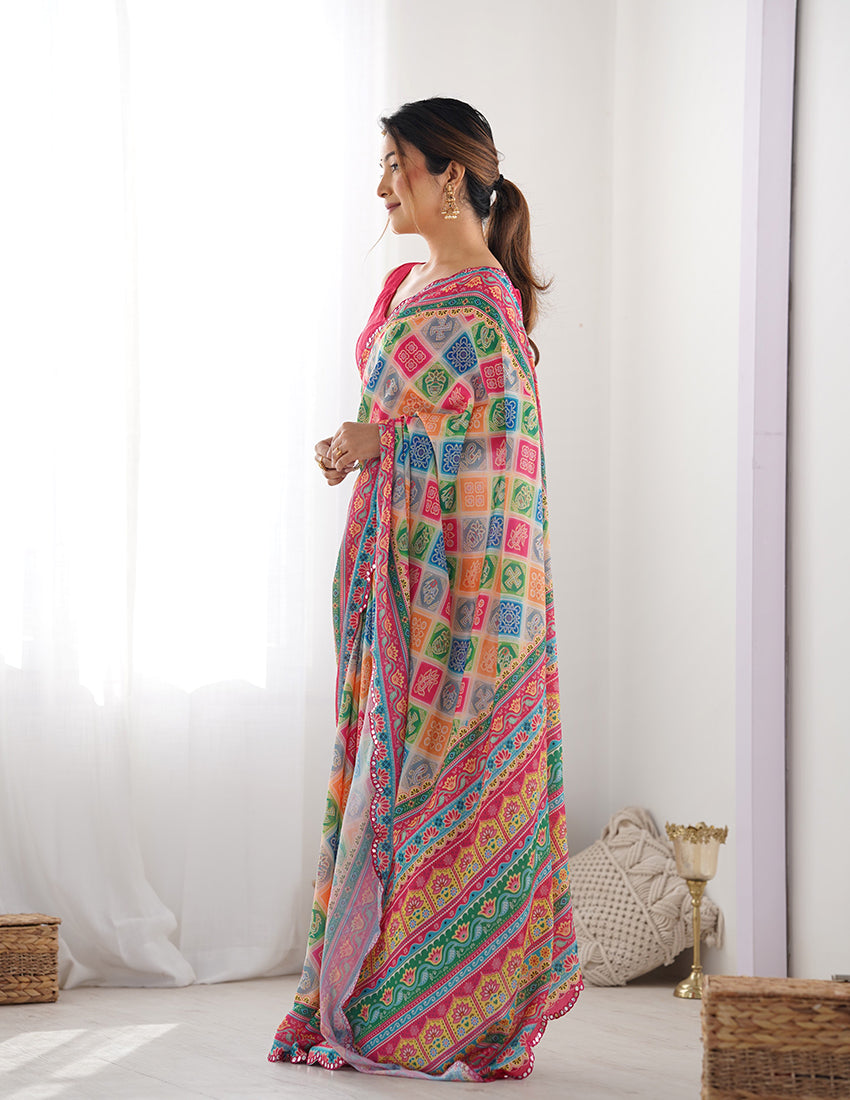 Monjolika Fashion Chinon Digital Print Classic Saree in Multi