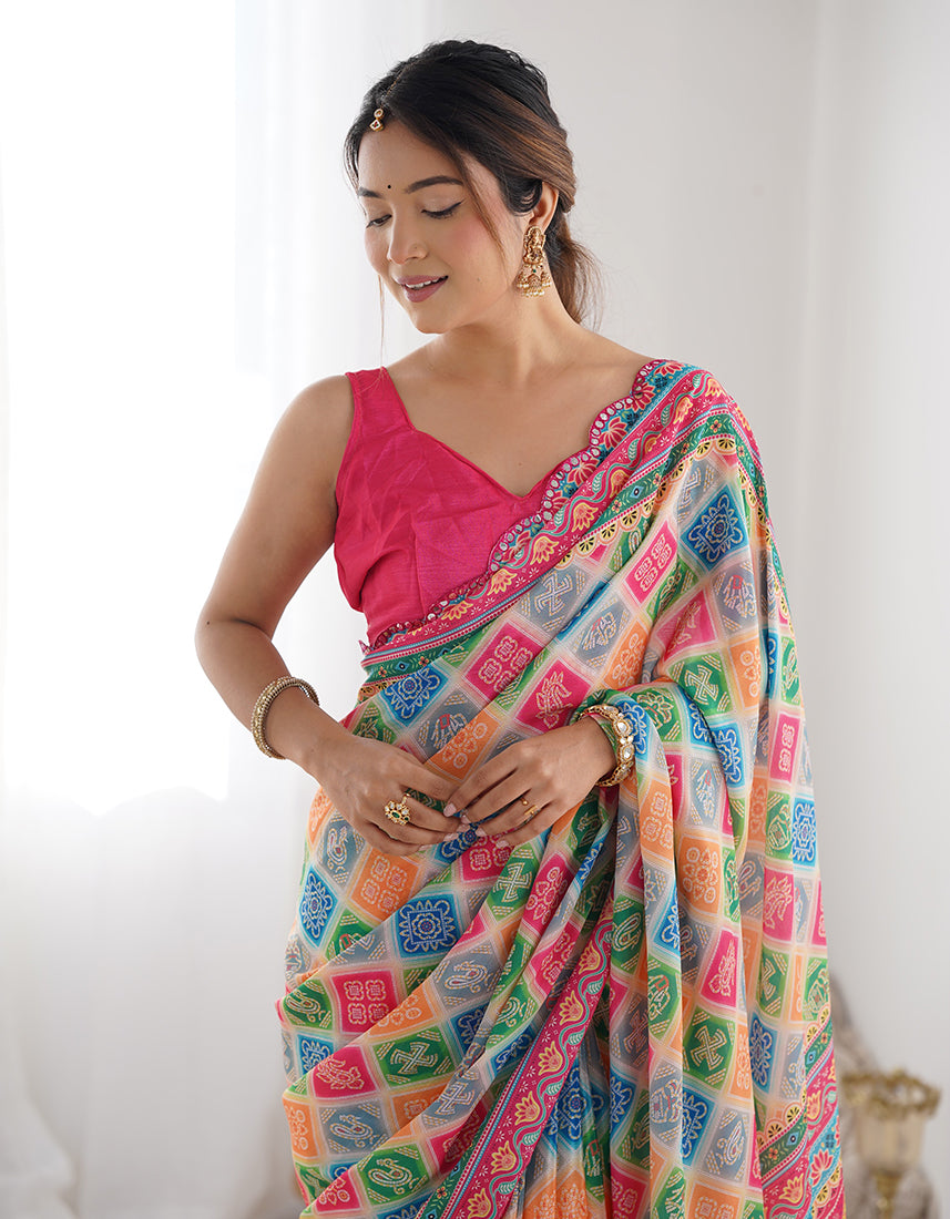 Monjolika Fashion Chinon Digital Print Classic Saree in Multi