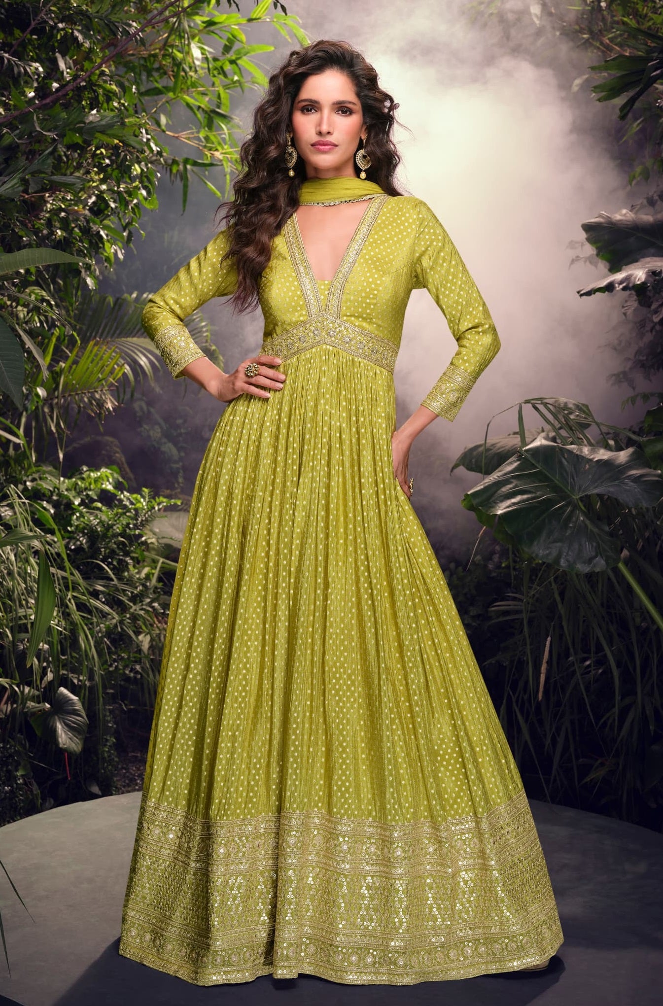 Anaita Lime Viscose Simar Jacquard Stitched Handmade Khatli Work Anarkali Gown - Distacart
