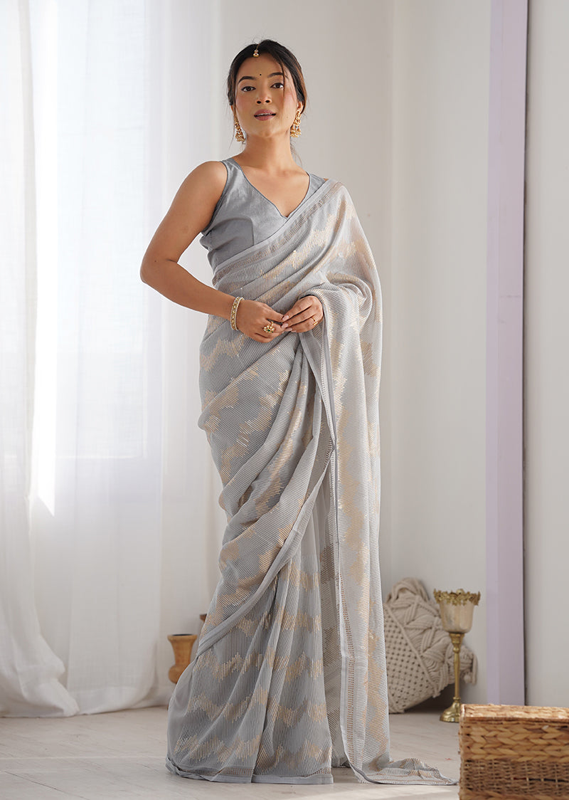 Monjolika Fashion Grey Sequins Work Georgette Trendy Saree