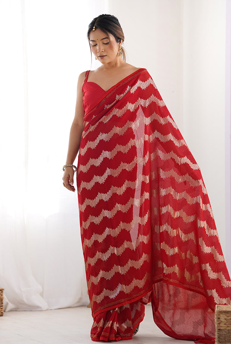 Monjolika Fashion Red Sequins Work Georgette Trendy Saree - Distacart