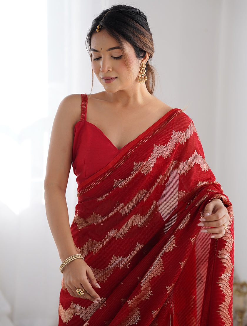 Monjolika Fashion Red Sequins Work Georgette Trendy Saree
