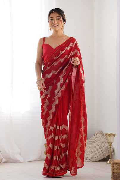 Monjolika Fashion Red Sequins Work Georgette Trendy Saree