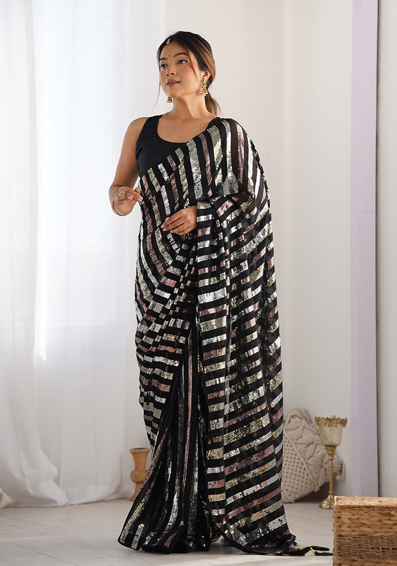 Monjolika Fashion Black Sequins Work Georgette Trendy Saree - Distacart