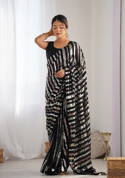 Monjolika Fashion Black Sequins Work Georgette Trendy Saree - Distacart