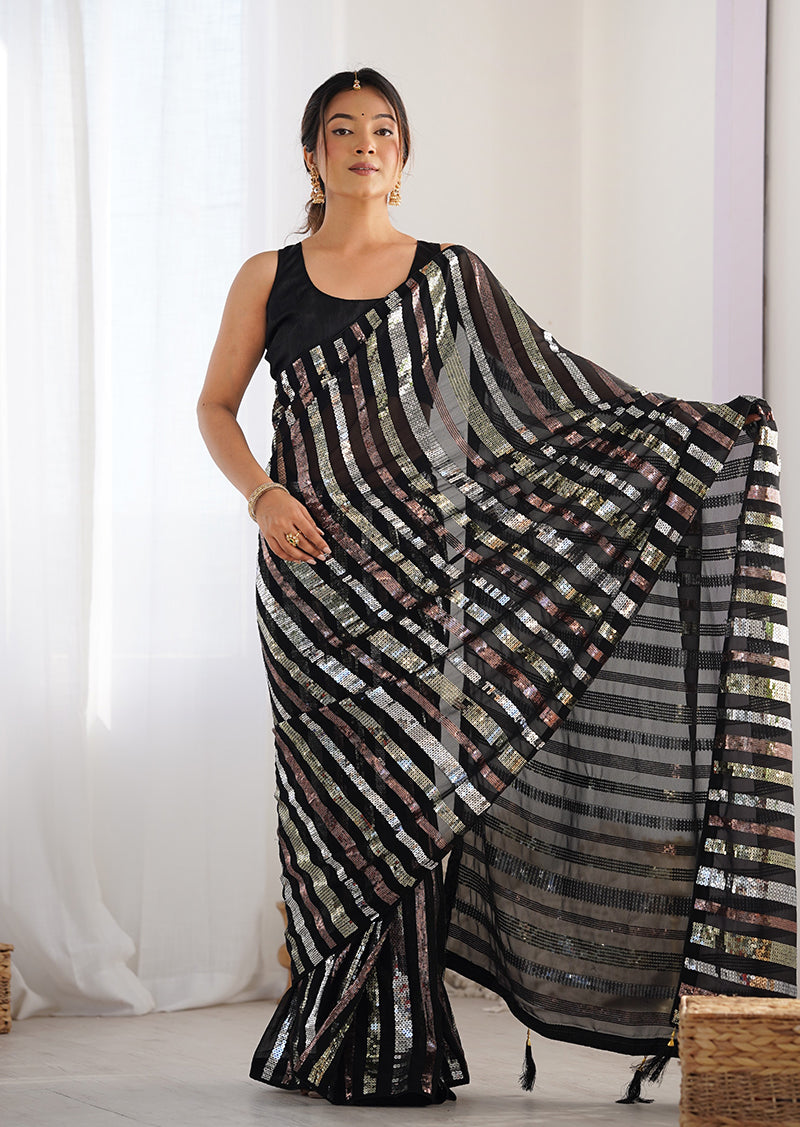 Monjolika Fashion Black Sequins Work Georgette Trendy Saree - Distacart