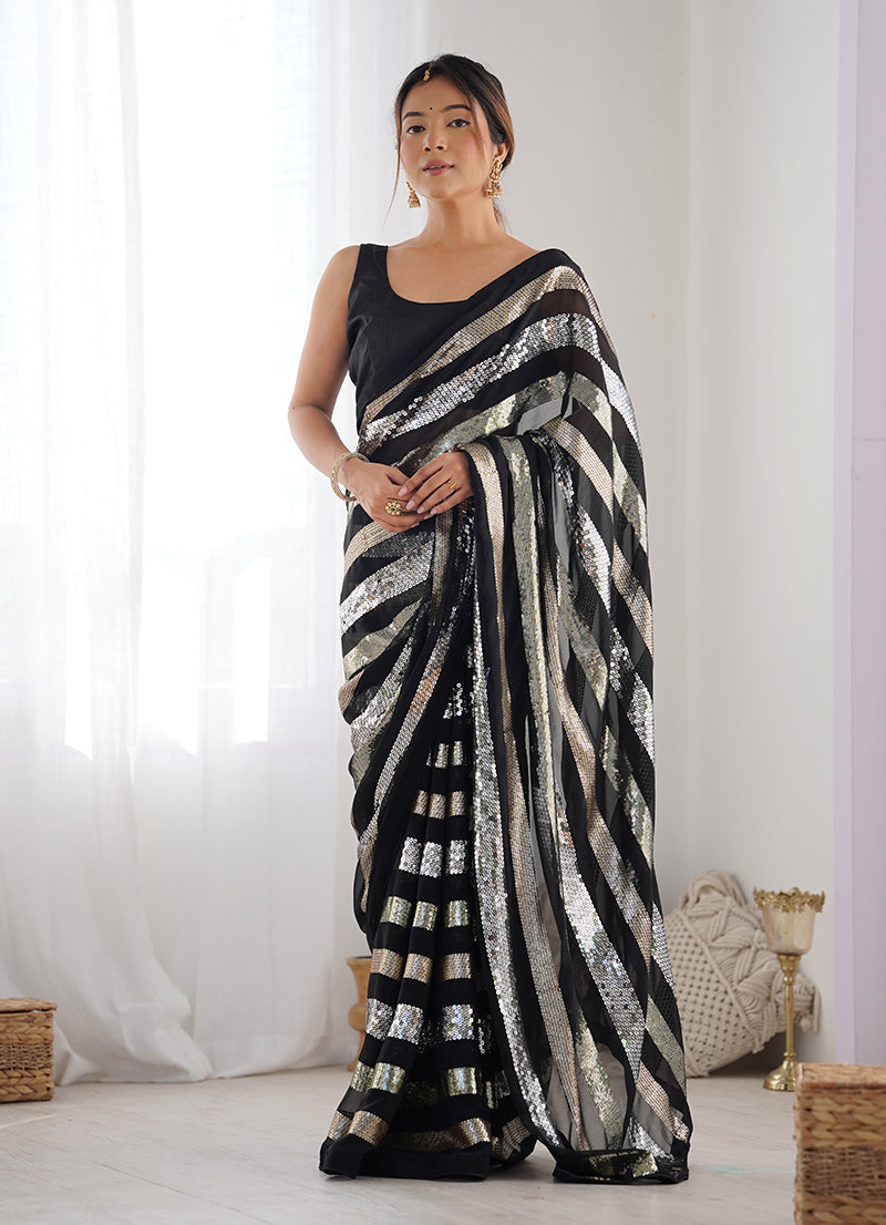 Monjolika Fashion Sequins Work Black Georgette Festival Party Wear Saree