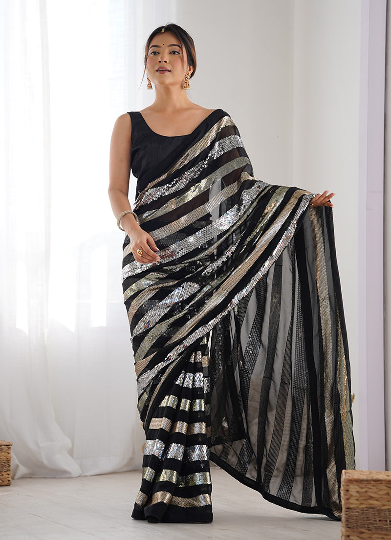 Monjolika Fashion Sequins Work Black Georgette Festival Party Wear Saree