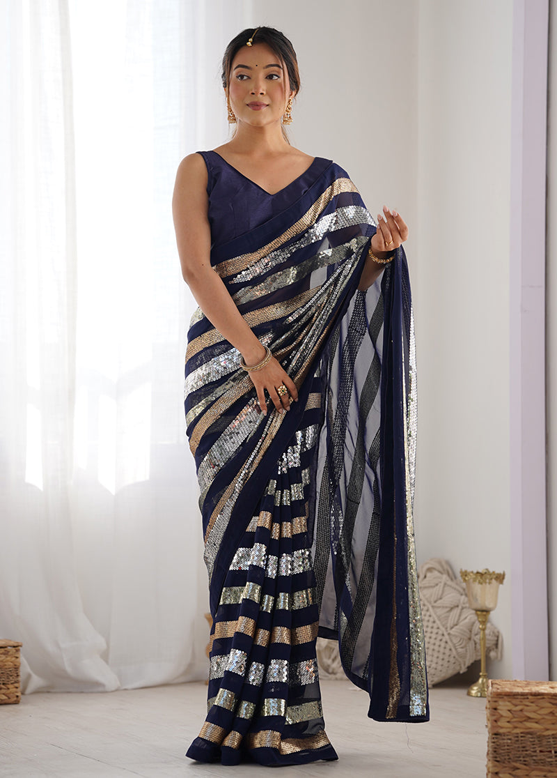 Monjolika Fashion Sequins Work Navy Blue Georgette Festival Party Wear Saree