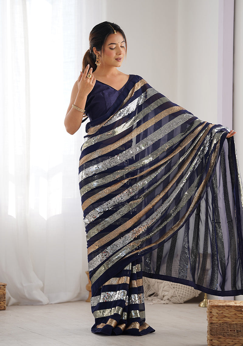 Monjolika Fashion Sequins Work Navy Blue Georgette Festival Party Wear Saree