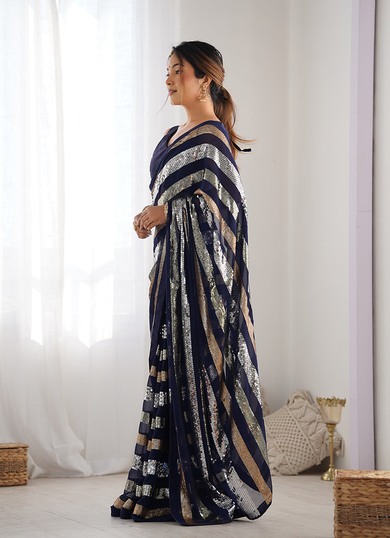 Monjolika Fashion Sequins Work Navy Blue Georgette Festival Party Wear Saree