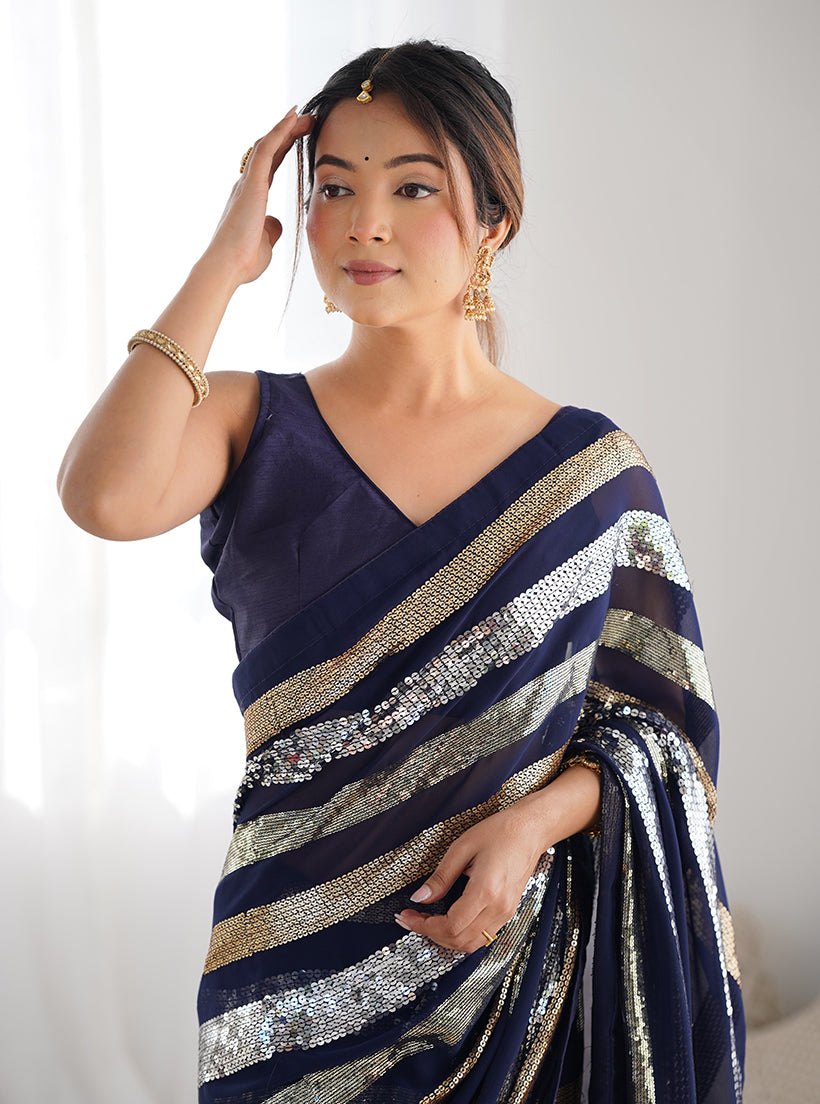 Monjolika Fashion Sequins Work Navy Blue Georgette Festival Party Wear Saree