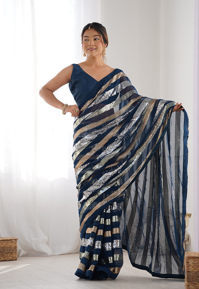 Monjolika Fashion Sequins Work Morpeach Georgette Festival Party Wear Saree