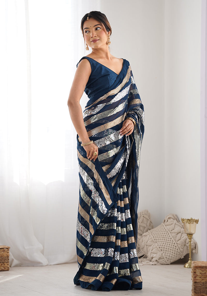 Monjolika Fashion Sequins Work Morpeach Georgette Festival Party Wear Saree