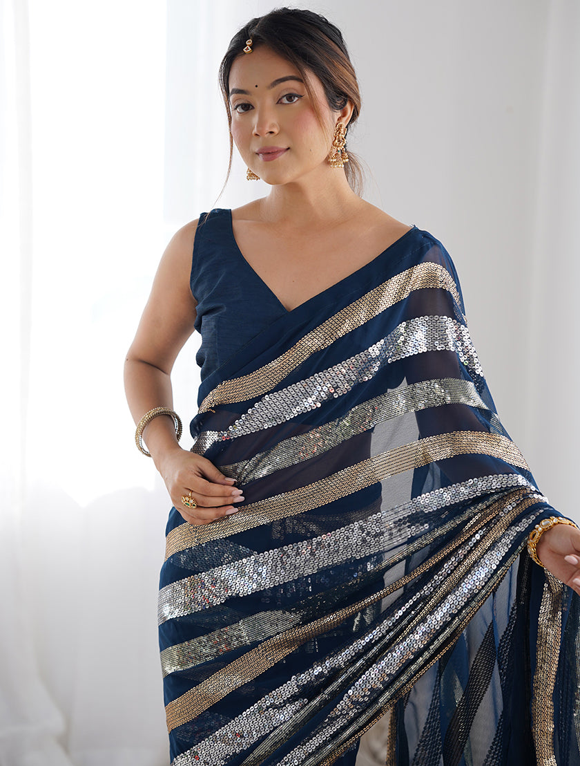 Monjolika Fashion Sequins Work Morpeach Georgette Festival Party Wear Saree