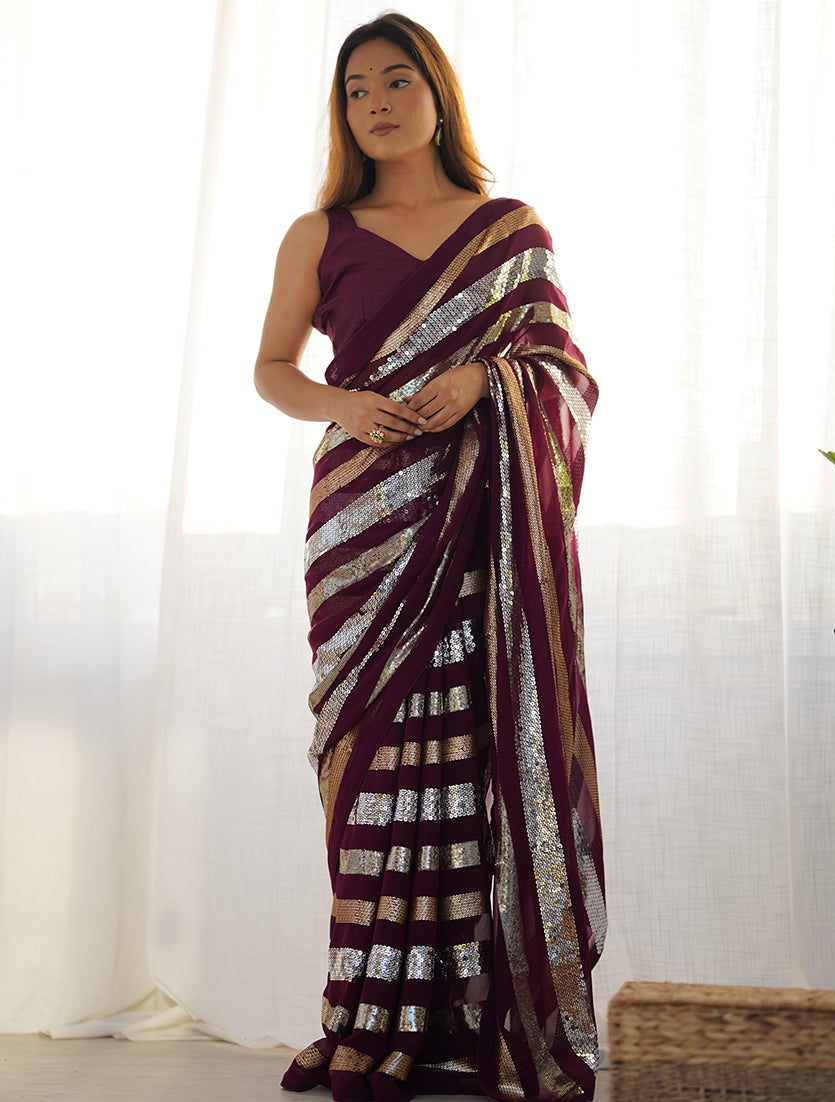 Monjolika Fashion Sequins Work Wine Georgette Festival Party Wear Saree