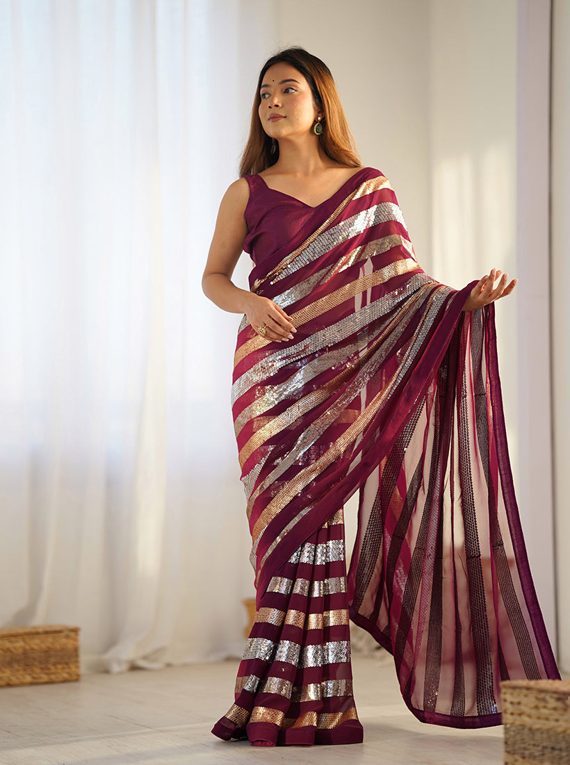 Monjolika Fashion Sequins Work Wine Georgette Festival Party Wear Saree