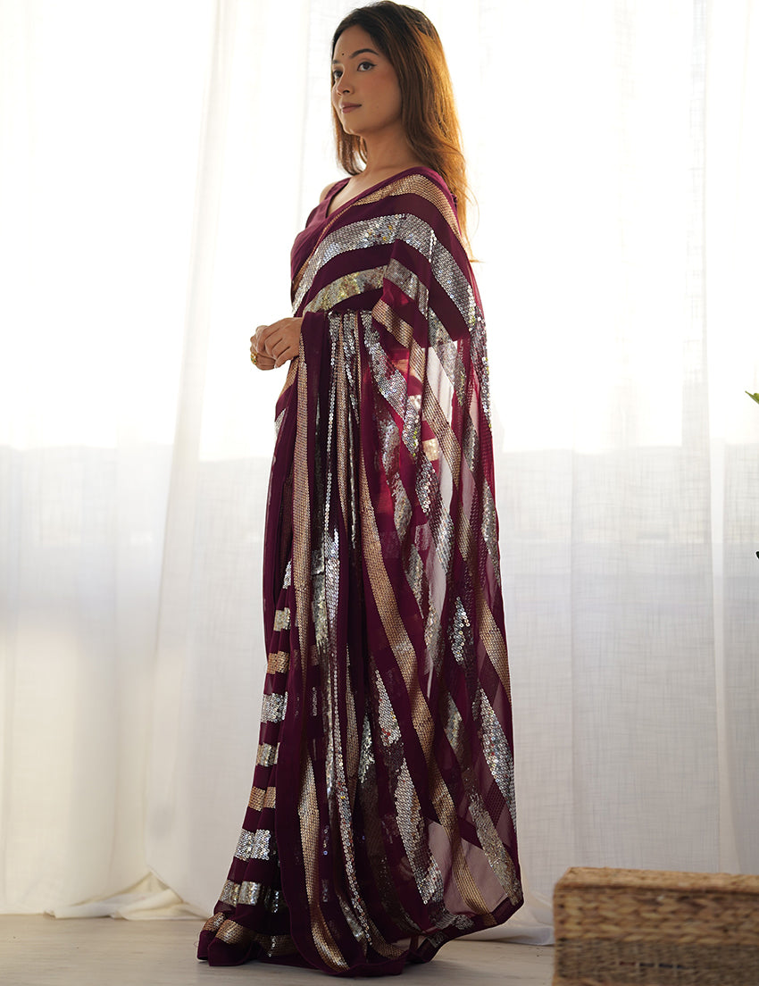 Monjolika Fashion Sequins Work Wine Georgette Festival Party Wear Saree