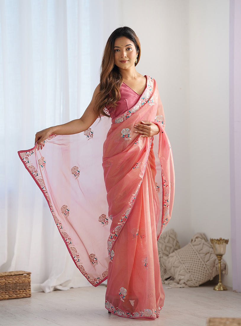 Monjolika Fashion Peach Thread Embroidery Net Trendy Saree
