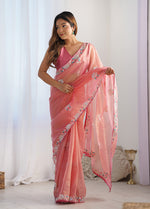 Thumbnail for Monjolika Fashion Peach Thread Embroidery Net Trendy Saree