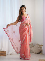 Thumbnail for Monjolika Fashion Peach Thread Embroidery Net Trendy Saree