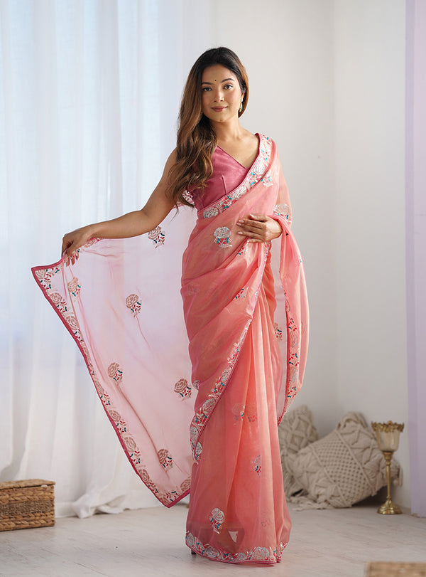 Monjolika Fashion Peach Thread Embroidery Net Trendy Saree