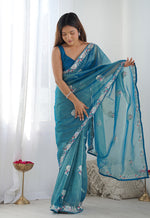 Thumbnail for Monjolika Fashion Teal Blue Thread Embroidery Net Trendy Saree