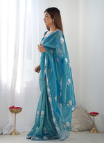 Thumbnail for Monjolika Fashion Teal Blue Thread Embroidery Net Trendy Saree