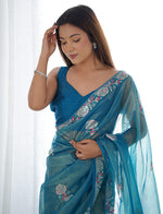 Thumbnail for Monjolika Fashion Teal Blue Thread Embroidery Net Trendy Saree