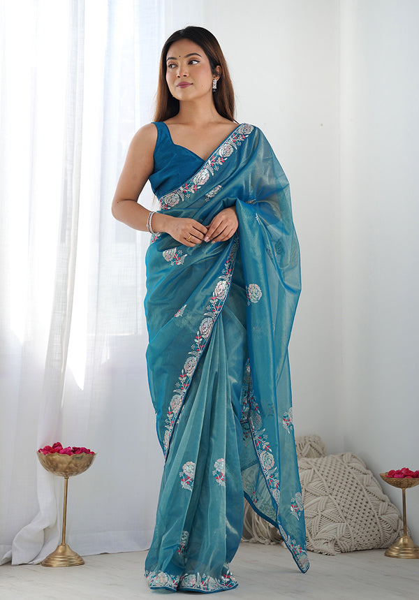 Monjolika Fashion Teal Blue Thread Embroidery Net Trendy Saree