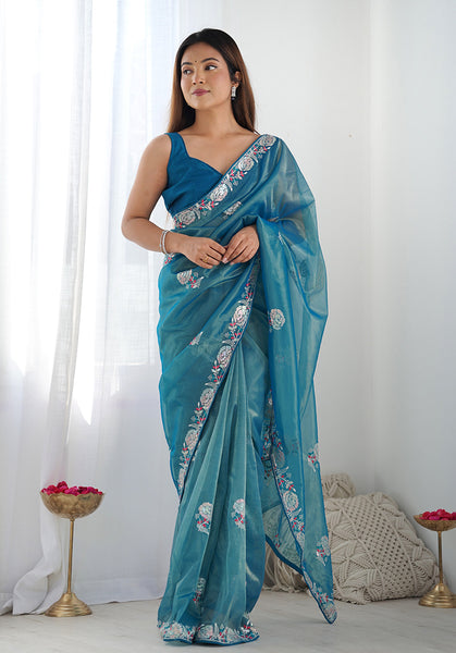 Monjolika Fashion Teal Blue Thread Embroidery Net Trendy Saree