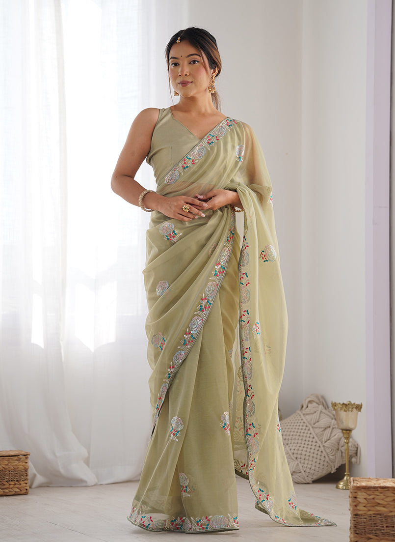 Monjolika Fashion Pista Green Thread Embroidery Net Trendy Saree
