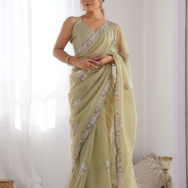 Monjolika Fashion Pista Green Thread Embroidery Net Trendy Saree - Distacart