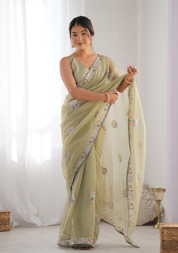 Monjolika Fashion Pista Green Thread Embroidery Net Trendy Saree