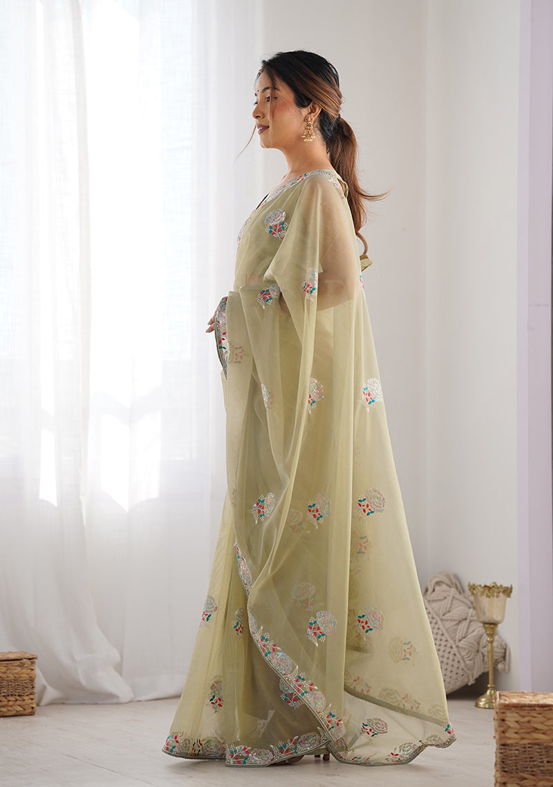 Monjolika Fashion Pista Green Thread Embroidery Net Trendy Saree