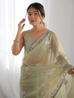 Thumbnail for Monjolika Fashion Pista Green Thread Embroidery Net Trendy Saree