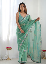 Thumbnail for Monjolika Fashion Sea Green Thread Embroidery Net Trendy Saree
