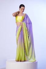 Thumbnail for Monjolika Fashion Lavender & Parrot Green Chinon Lace Work Saree With Unstitched Blouse For Women