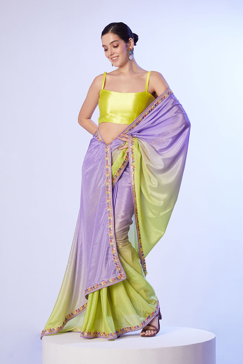 Monjolika Fashion Lavender & Parrot Green Chinon Lace Work Saree With Unstitched Blouse For Women