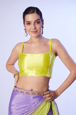 Thumbnail for Monjolika Fashion Lavender & Parrot Green Chinon Lace Work Saree With Unstitched Blouse For Women