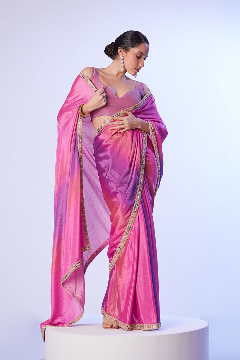Monjolika Fashion Pink & Lavender Chinon Lace Work Saree With Unstitched Blouse For Women